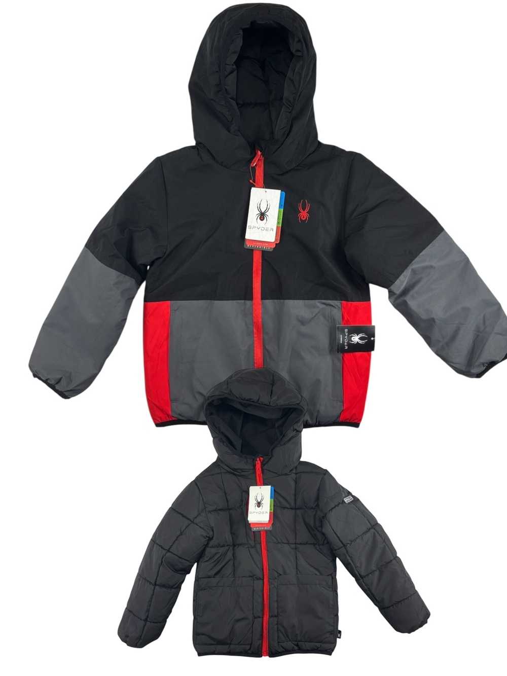 Spyder Kids Reversible Black Gray Red Hooded Winter Puffer Jacket Size 5/6